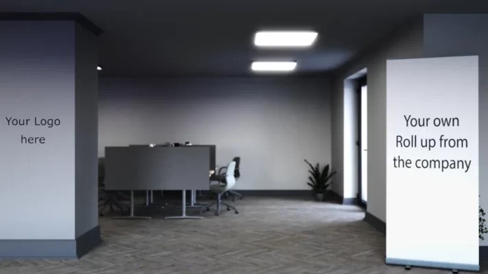 Detta standard rummet du ser här är ett kontorslandskap med ljusgråa färger och ljus som kommer från olika håll. Här finns också roll-up där du kan lägga in dina värdeord i ditt företag