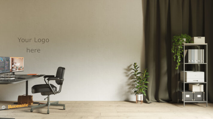 Ett virtuellt kontor som visar enkel arbetsplats med volym och lätt inredning men med mysig känsla. Äldre träparkett och grå betong på väggen